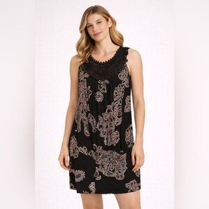 Perception Concept Black Floral Sleeveless Dress Large Boho Stretch USA Made